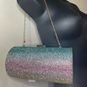 NWT Alessia rainbow rhinestone cylinder clutch bag sparkly crystal evening